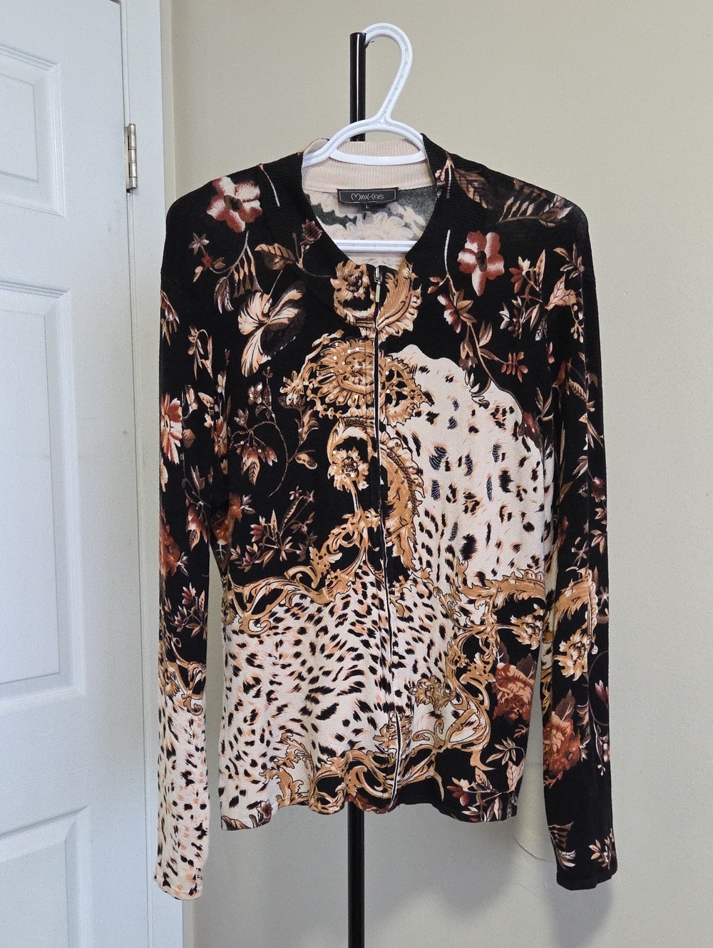 Minkas  Floral & Animal Print Zip-Front Cardigan in Black and Cream